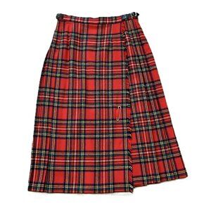 Pringle of Scotland Wool Pleated Kilt Wrap Skirt Red Tartan Vintage Made in UK